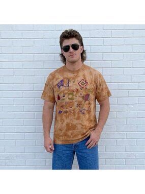 Vintage Southwestern Buffalo Graphic Tie Dye T Shirt Native Tan Beige Mens XL